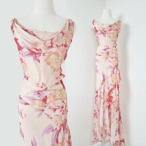 Eva Blue Y2K Maxi Dress Asymmetrical Formal Cowl Neck Sleeveless Fit Flare Bias